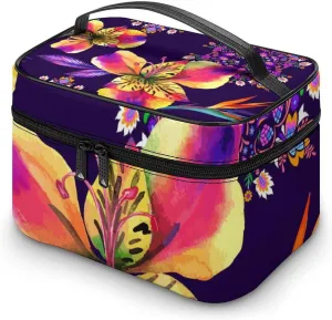 Makeup Bag Tiger Lily Flowers Cosmetic Bag for Women Beauty Zipper Makeup Organizer PU Leather Waterproof Toiletry Train Case Primitive Floral Colorful