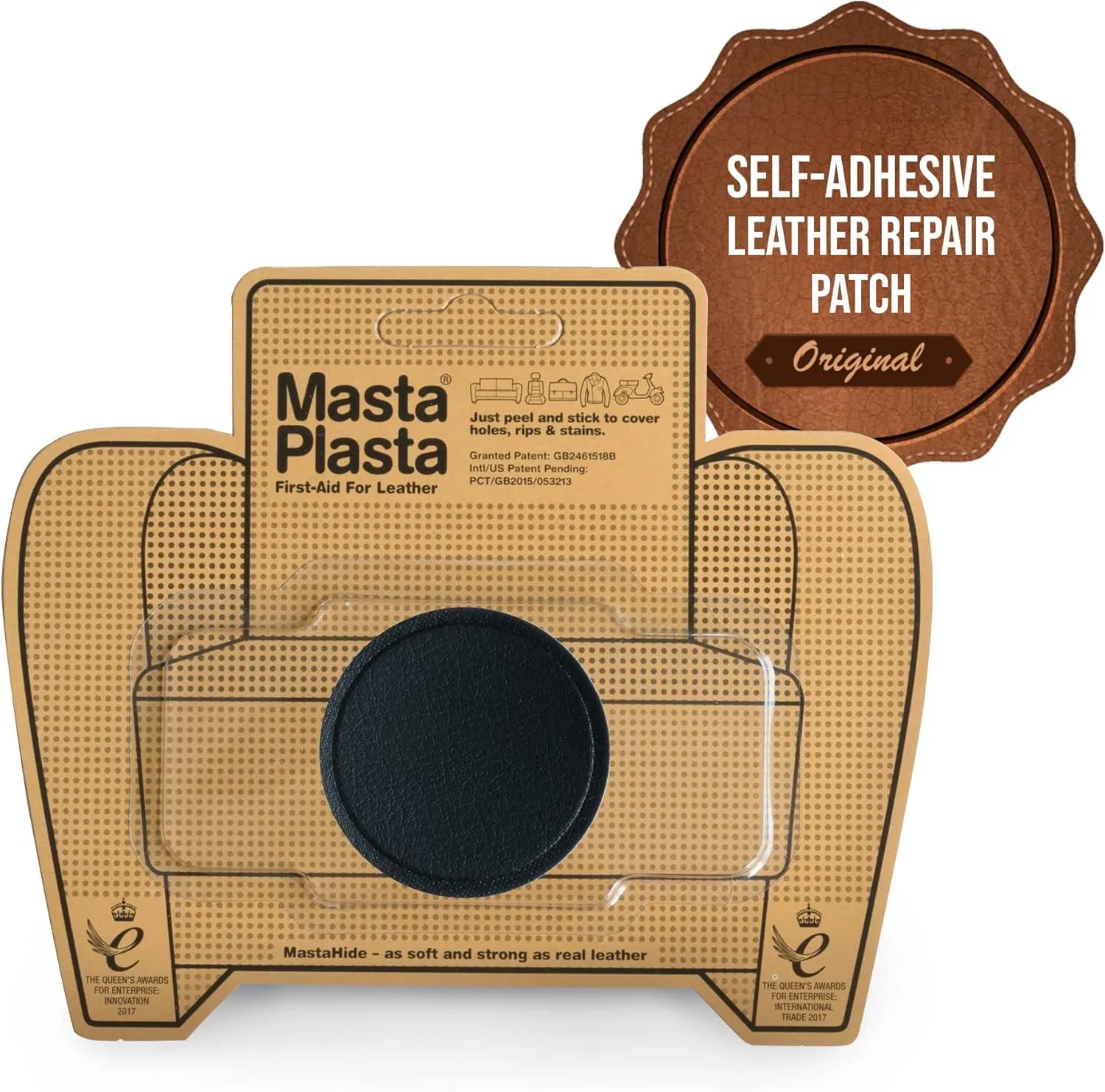 MastaPlasta Instant Self-Adhesive Premium Leather Repair Patch. Color: Black Leather 2-INCH Diameter Circle (5cm). Upholstery Quality Adhesive Patch for Sofas, Car Interiors, Bags & More