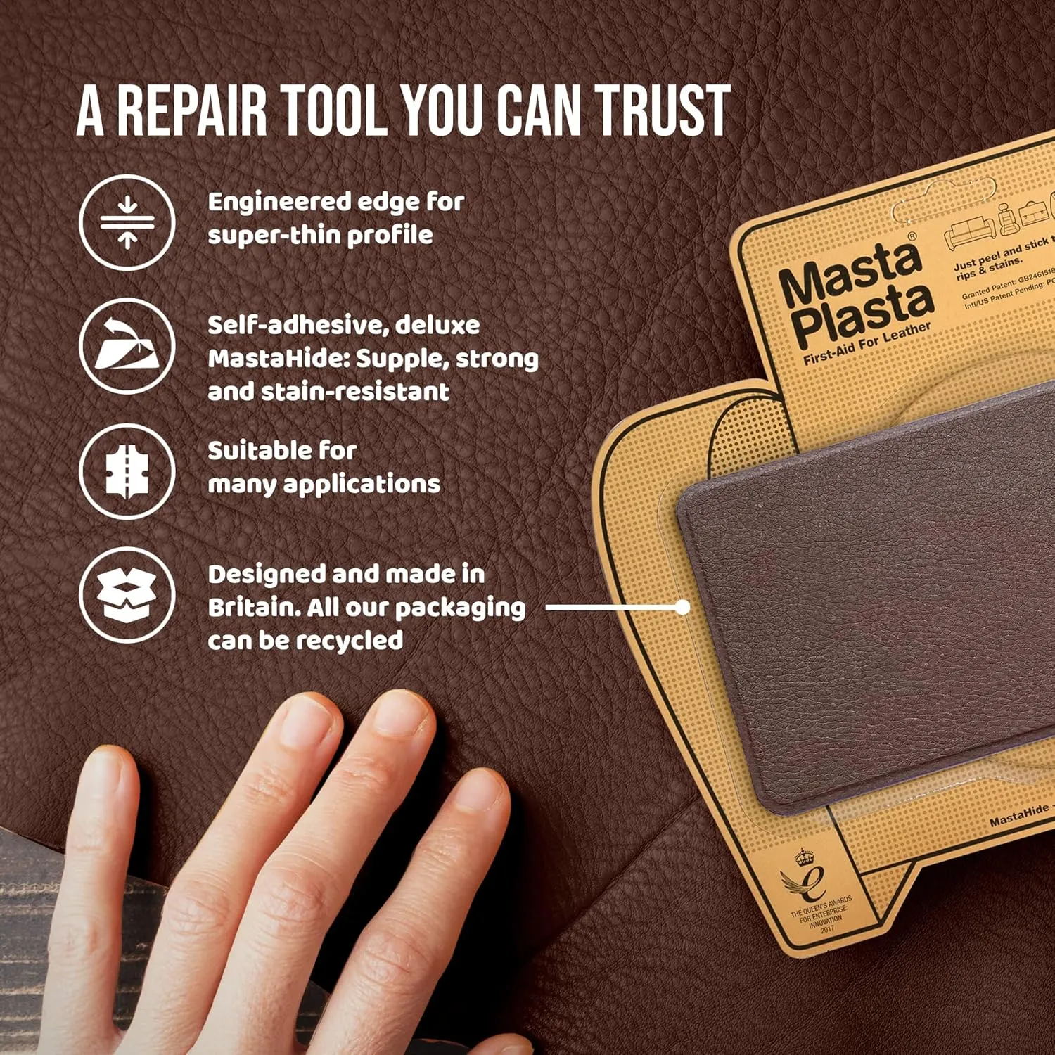MastaPlasta Self-Adhesvie Premium Leather Repair Patch - Beige 8" x 4" (20 x 10 cm). Instant Upholstery-Quality Patch for Sofas, Car Interiors, Bags, Vinyl & More