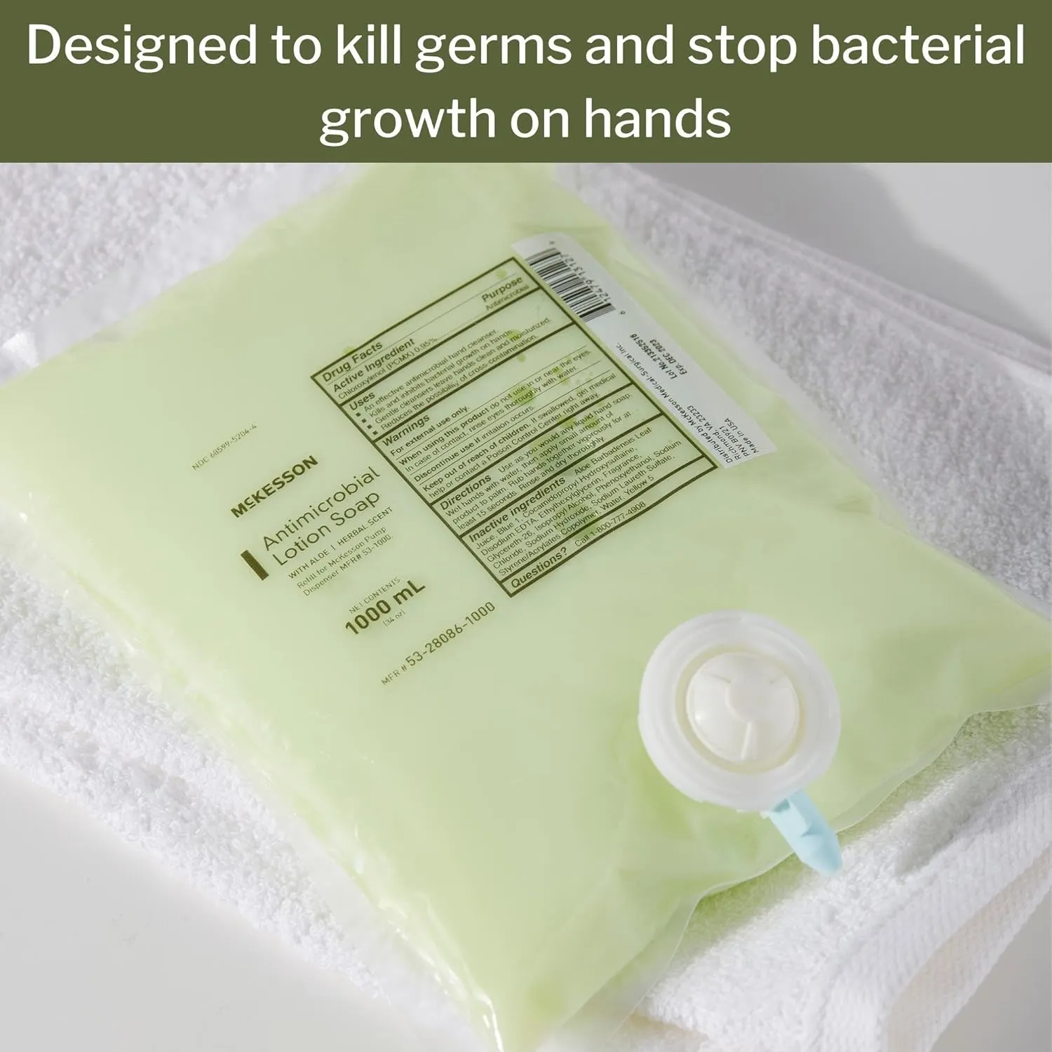 McKesson Antimicrobial Lotion Hand Soap with Aloe, 1000 mL Refill Bag [Pack of 10 Bags] - Bulk, Herbal Scent, Keeps Hands Clean and Moisturized, Medical-Grade Soap