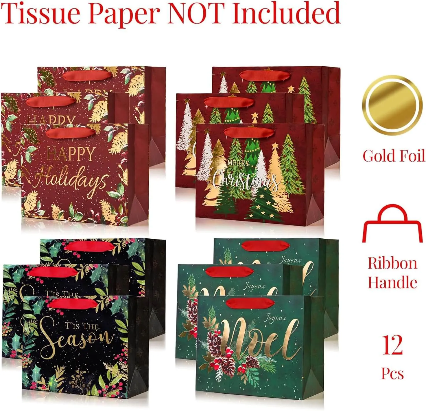 Medium Sized Christmas Tree Gift Bags, Pack of 12