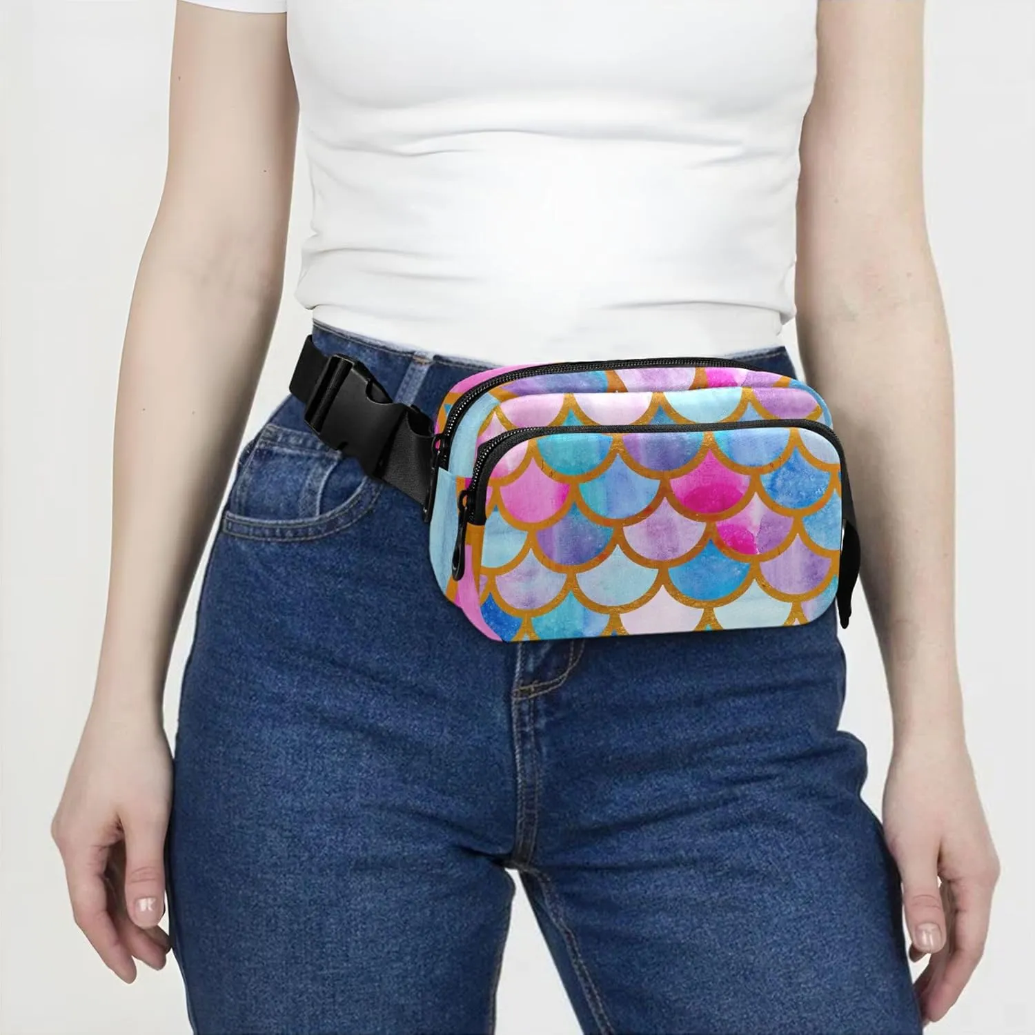 Mermaid Fish Scales Colorful Waterproof Womens Fanny Pack Hip Bag Belt Pouch Festival Crossbody Waist Pack