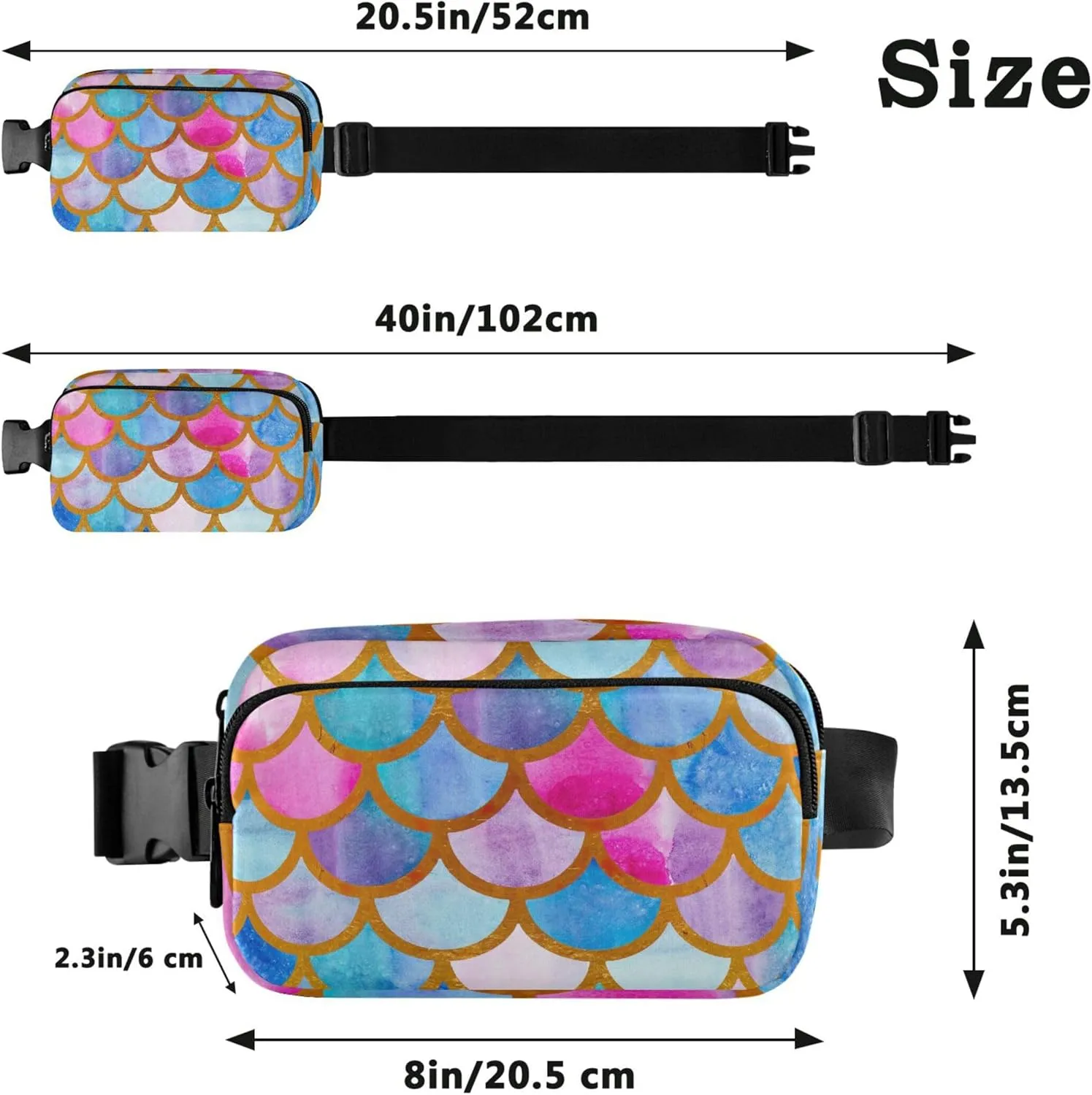 Mermaid Fish Scales Colorful Waterproof Womens Fanny Pack Hip Bag Belt Pouch Festival Crossbody Waist Pack