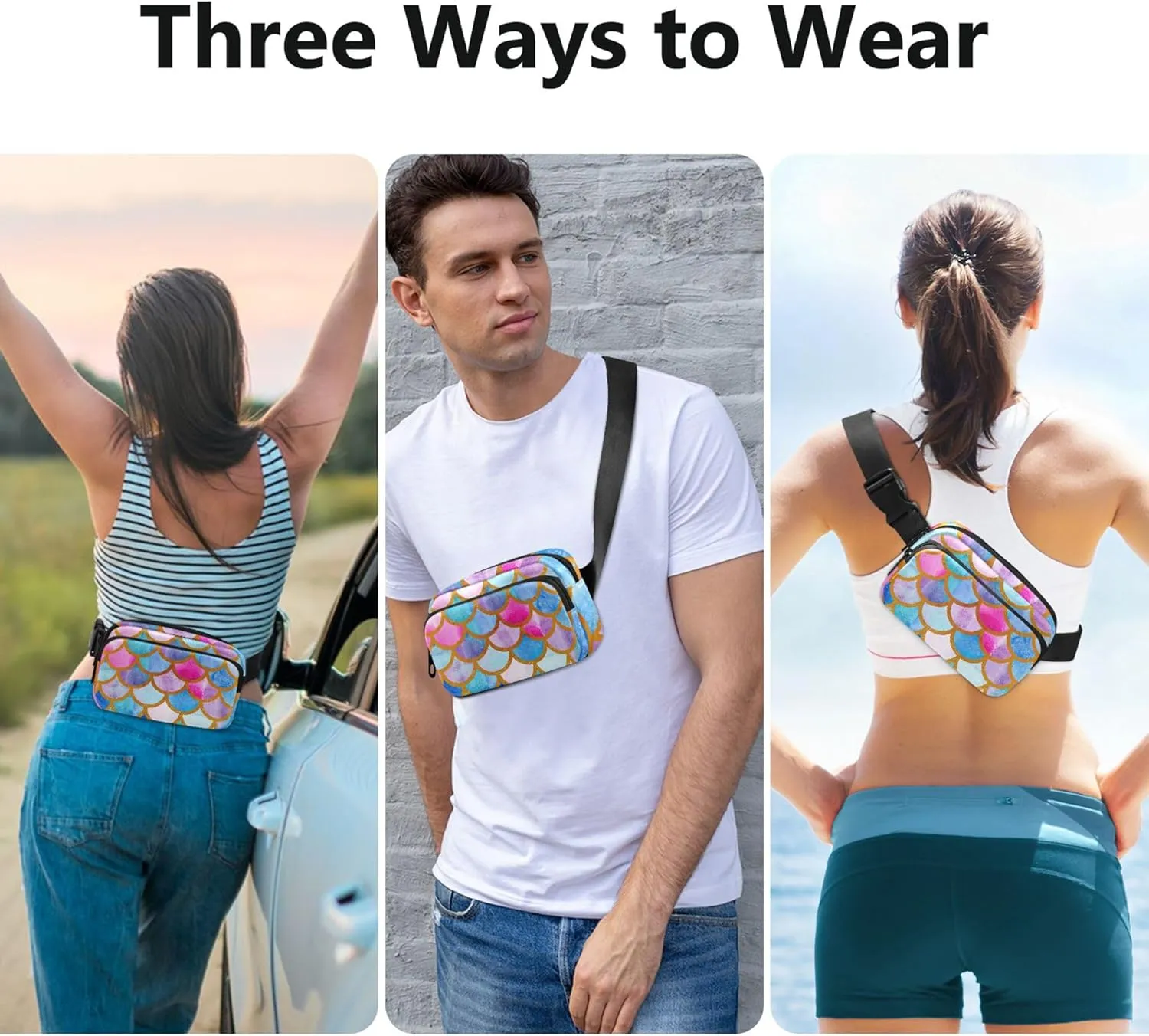 Mermaid Fish Scales Colorful Waterproof Womens Fanny Pack Hip Bag Belt Pouch Festival Crossbody Waist Pack