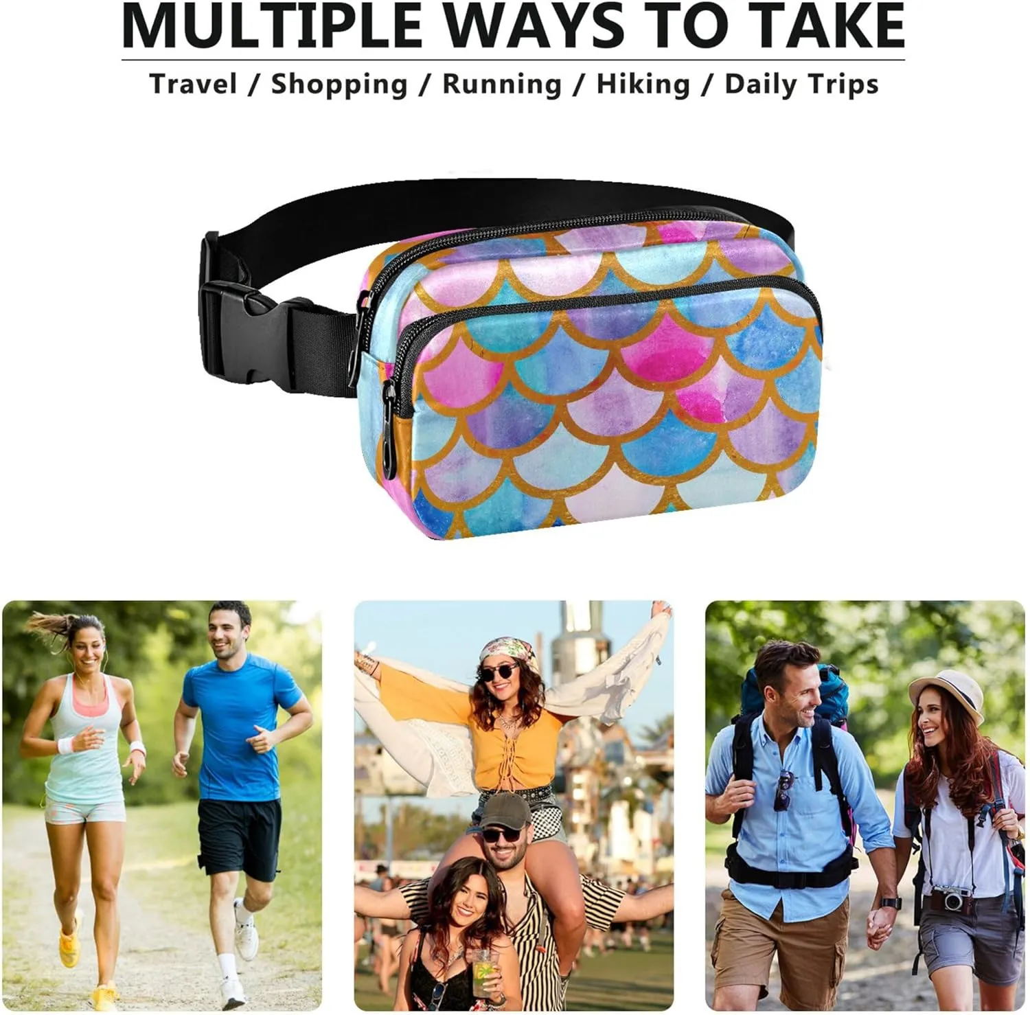 Mermaid Fish Scales Colorful Waterproof Womens Fanny Pack Hip Bag Belt Pouch Festival Crossbody Waist Pack