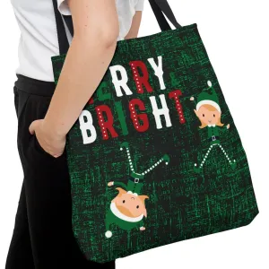 Merry and Bright Elves Large Tote Bag: Festive Holiday Carryall with Elf Design