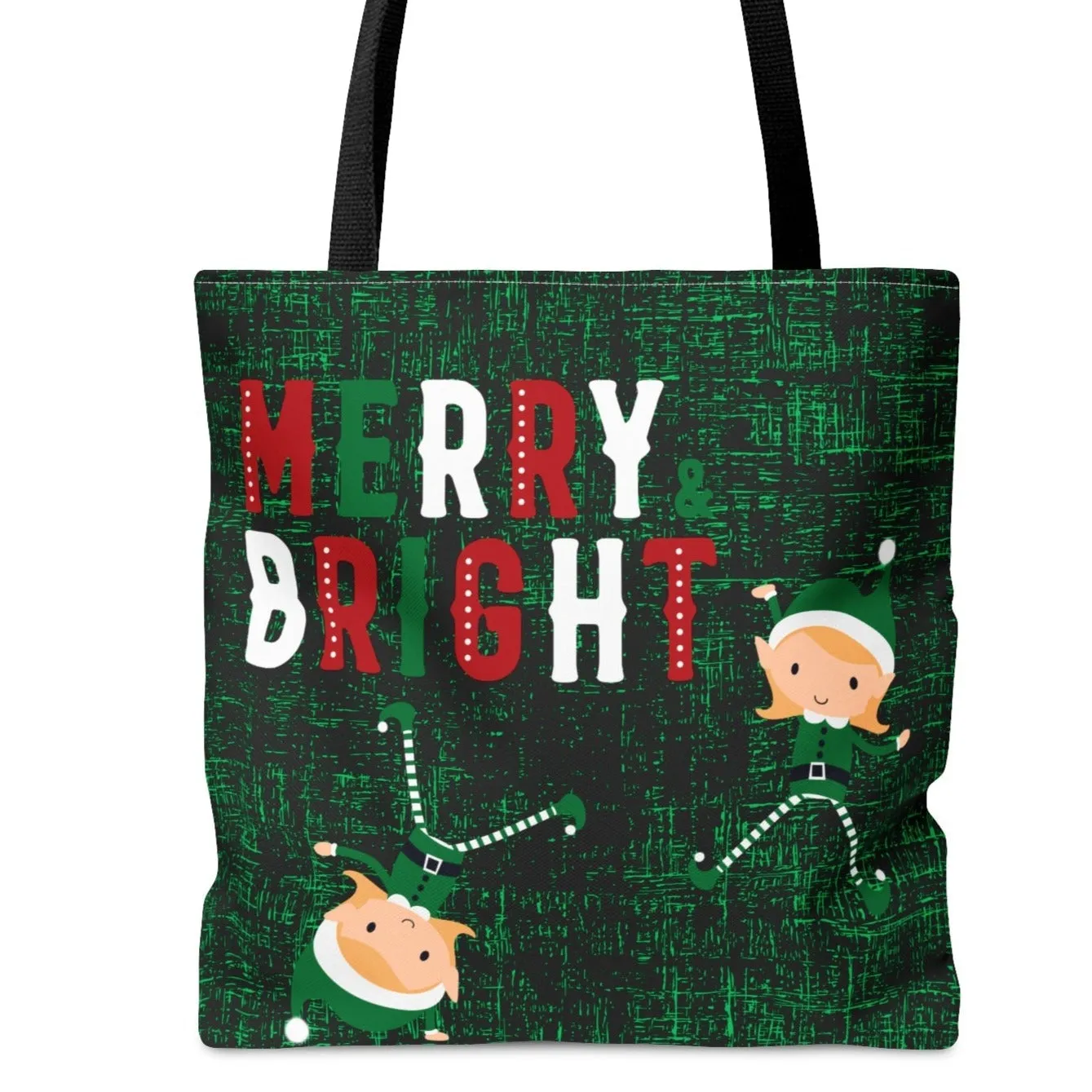 Merry and Bright Elves Large Tote Bag: Festive Holiday Carryall with Elf Design