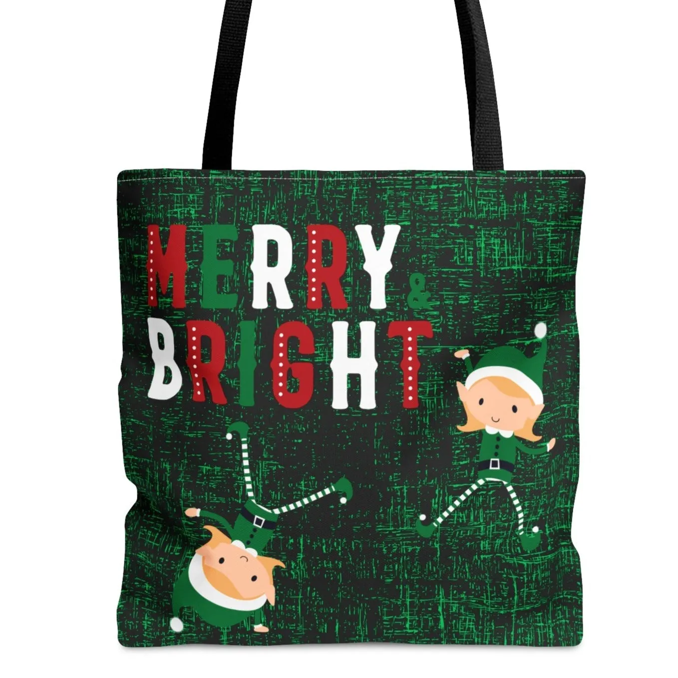 Merry and Bright Elves Large Tote Bag: Festive Holiday Carryall with Elf Design