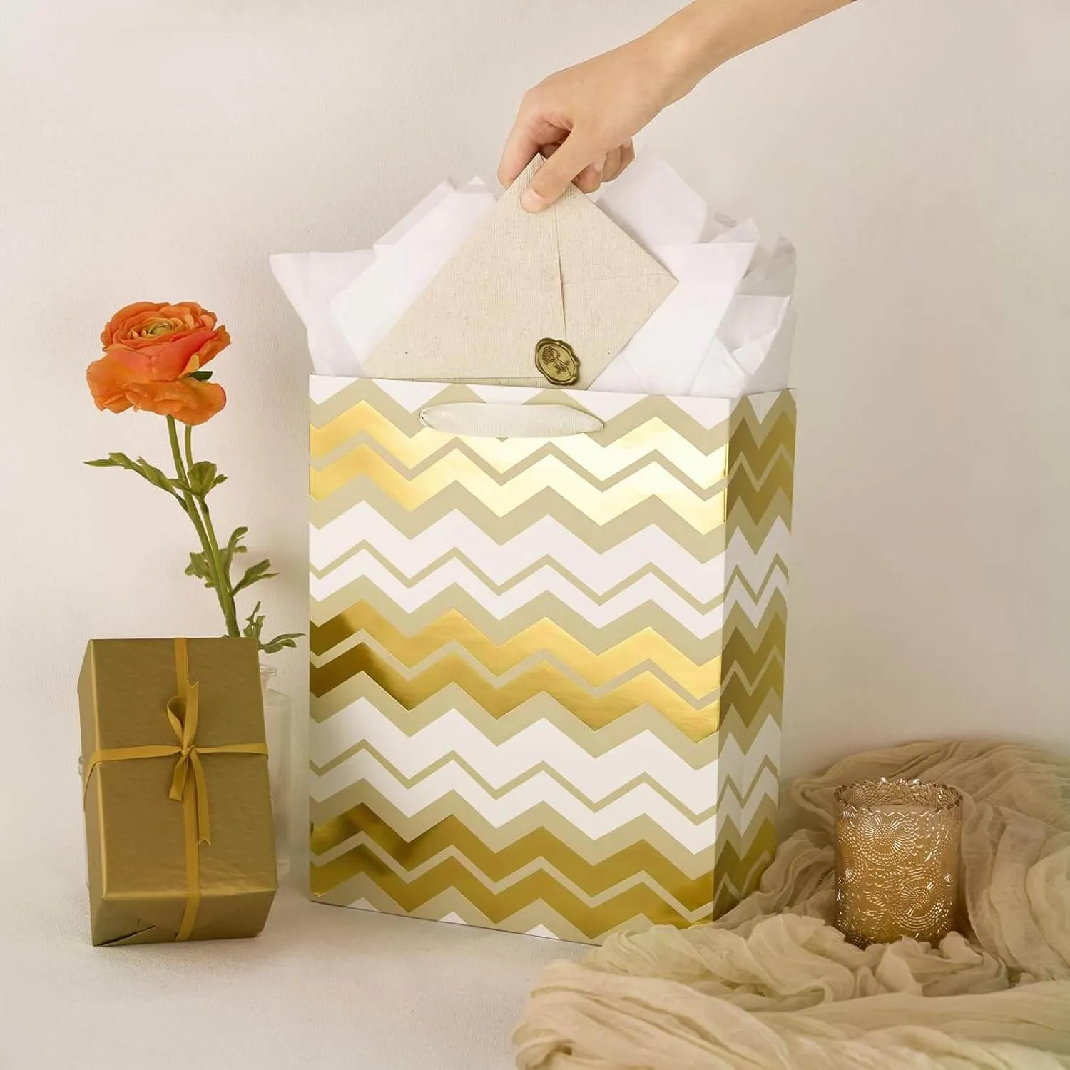 Metallic Gold Foil Gift Bags Bulk with White Tissue, Pack of 12