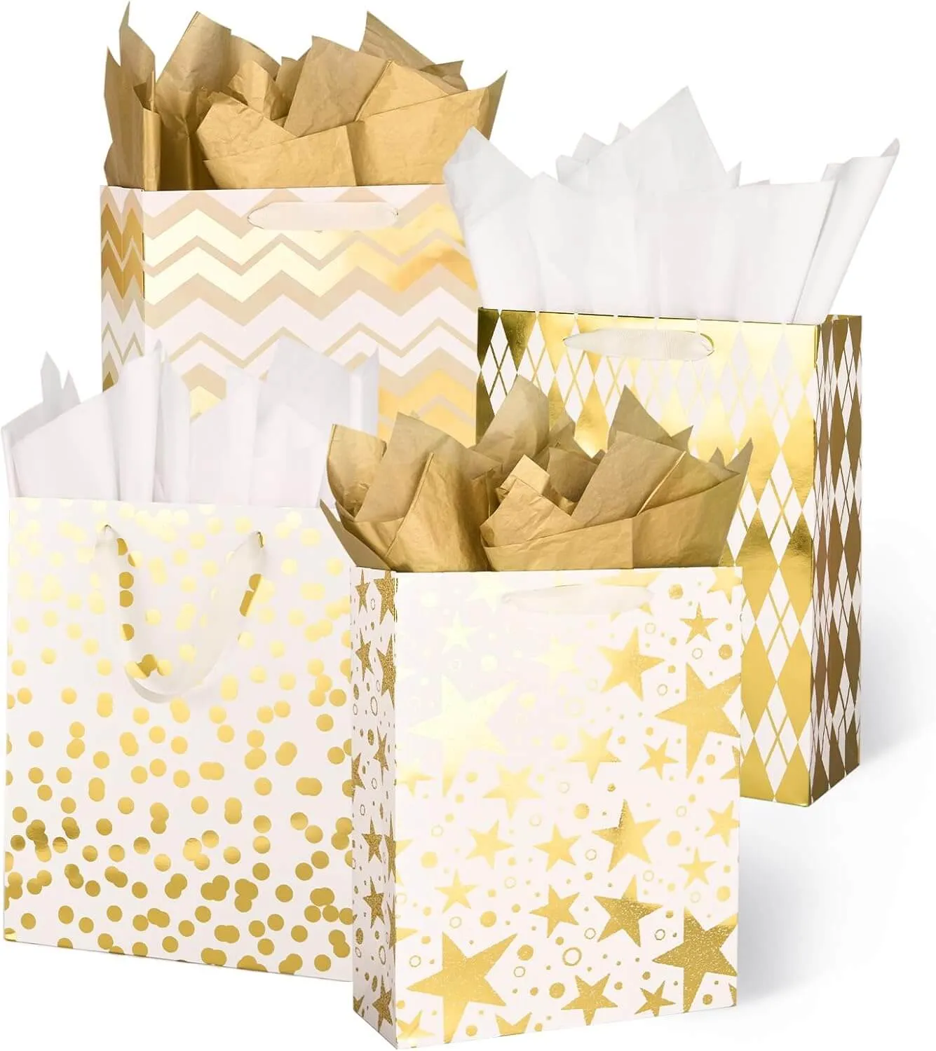Metallic Gold Foil Gift Bags Bulk with White Tissue, Pack of 12