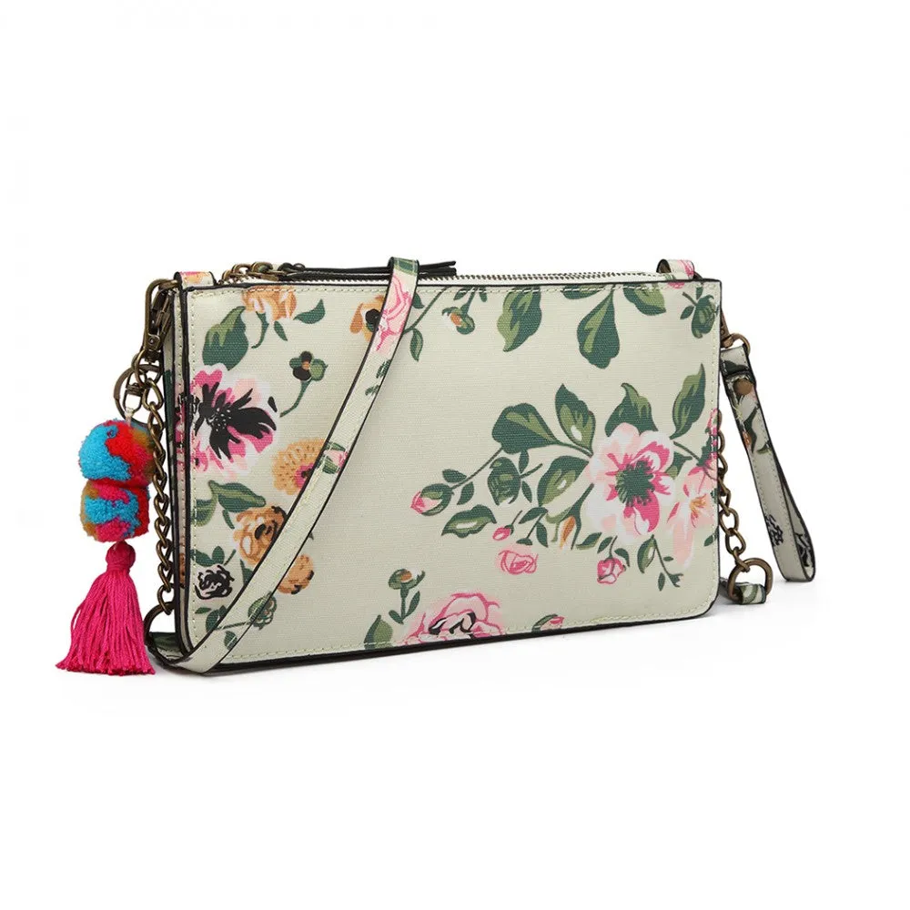 Miss Lulu Canvas With Pompom Pendant Handbag Shoulder Bag - Beige