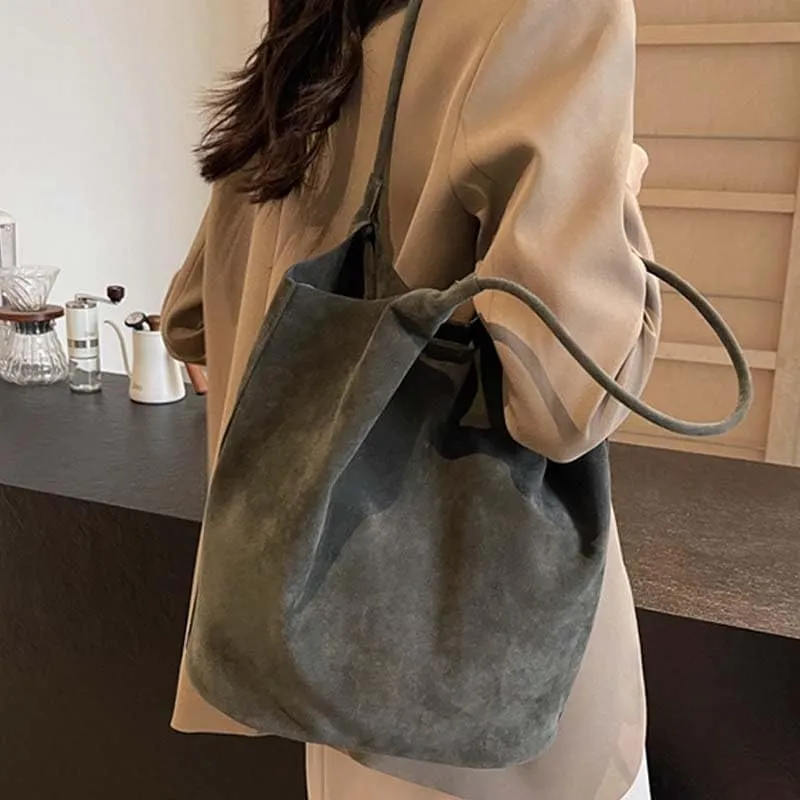 Molodo Suede Leather Tote Bag for Women Retro Shoulder Bag Underarm Handbag Slouchy Tote Purse Work Bag Fall Winter