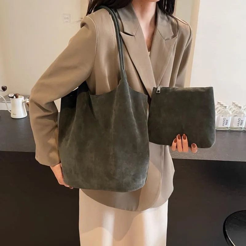 Molodo Suede Leather Tote Bag for Women Retro Shoulder Bag Underarm Handbag Slouchy Tote Purse Work Bag Fall Winter