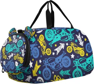 Motorcycles Colorful Sports Duffle Bag for Girls Boys, Gym Bag with Shoe Compartment, Kids Travel Overnight Weekender Shoulder Bag