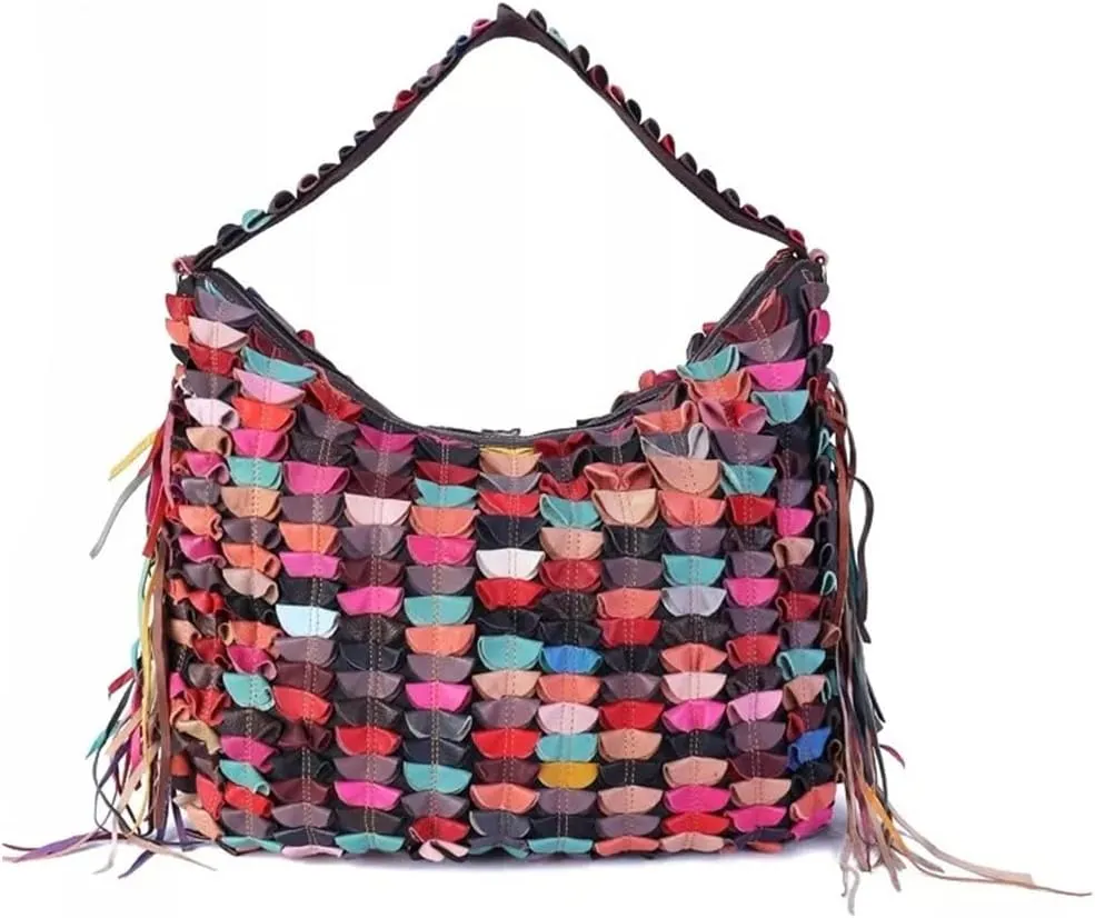 Multicolor Floral Hobo Purse Genuine Leather 3D Splicing Flowers Shoulder Satchel Colorful Handbag Crossbody Bag