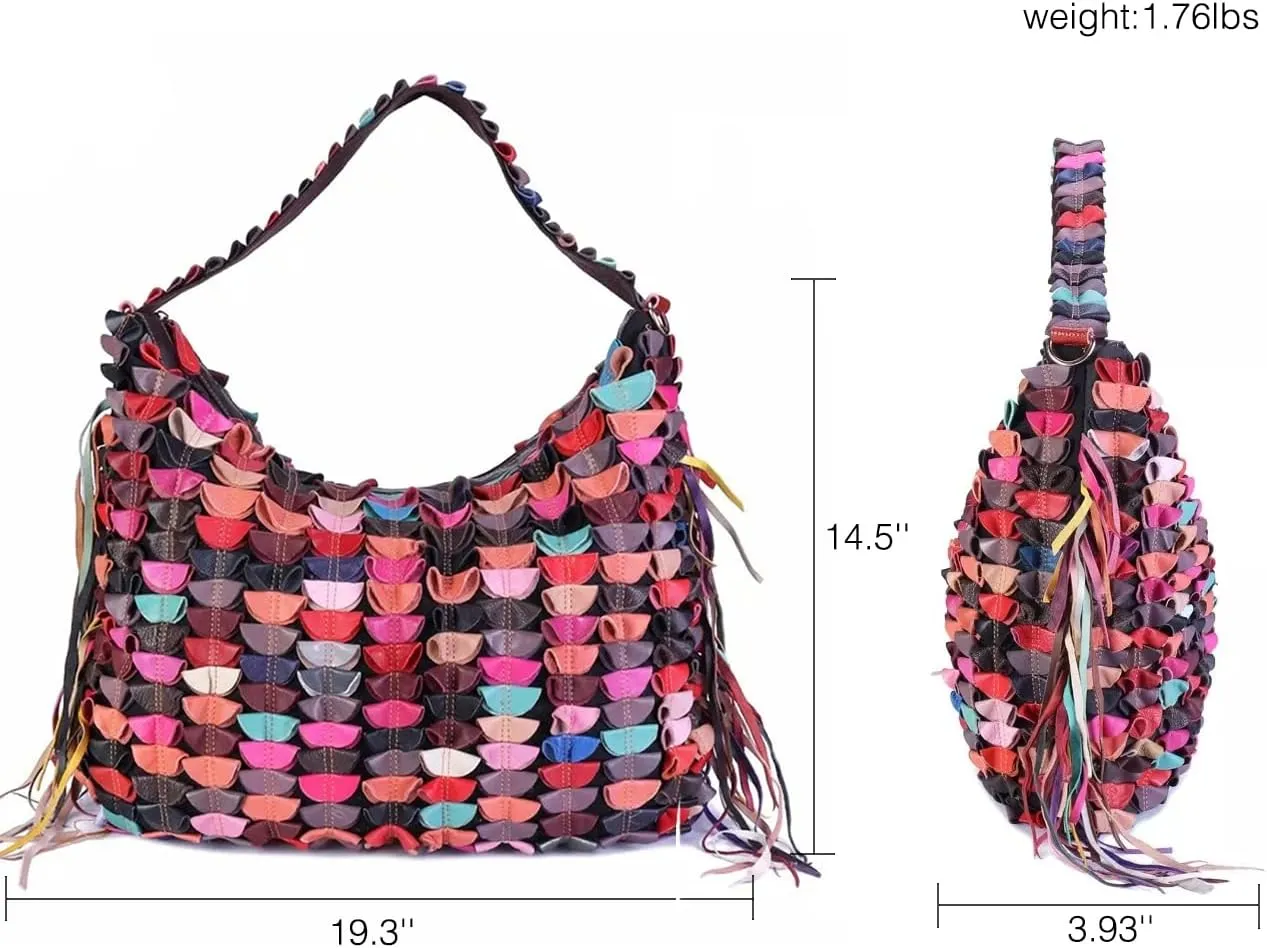 Multicolor Floral Hobo Purse Genuine Leather 3D Splicing Flowers Shoulder Satchel Colorful Handbag Crossbody Bag