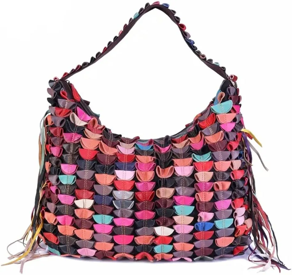 Multicolor Floral Hobo Purse Genuine Leather 3D Splicing Flowers Shoulder Satchel Colorful Handbag Crossbody Bag