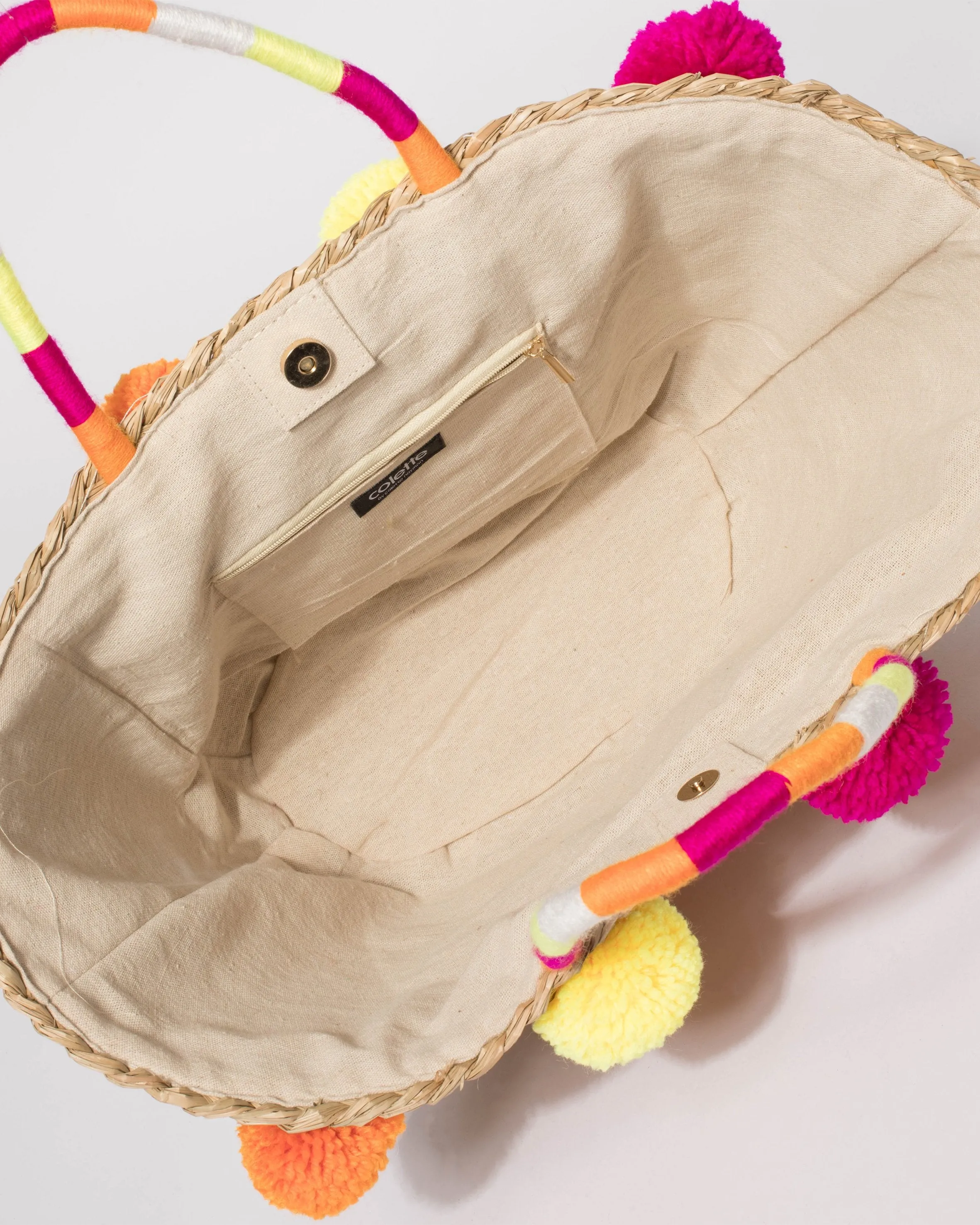 Natural And Multi Colour Large Pom Pom Summer Tote Bag