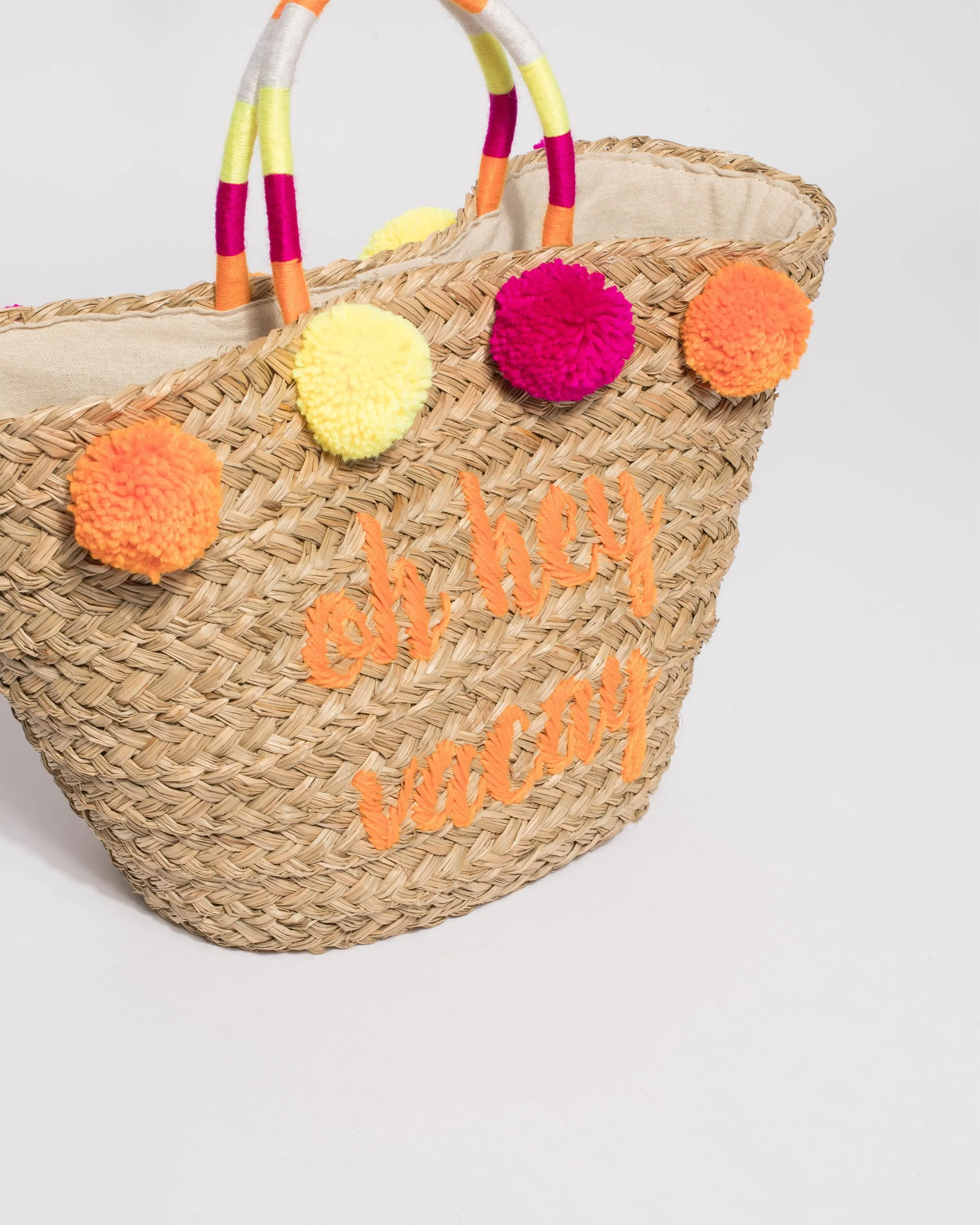 Natural And Multi Colour Large Pom Pom Summer Tote Bag