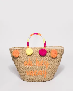 Natural And Multi Colour Large Pom Pom Summer Tote Bag