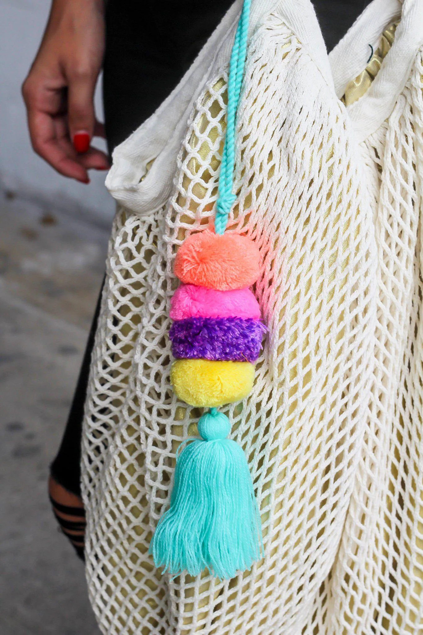 Natural Fishnet Bag with Pom Pom Tassel
