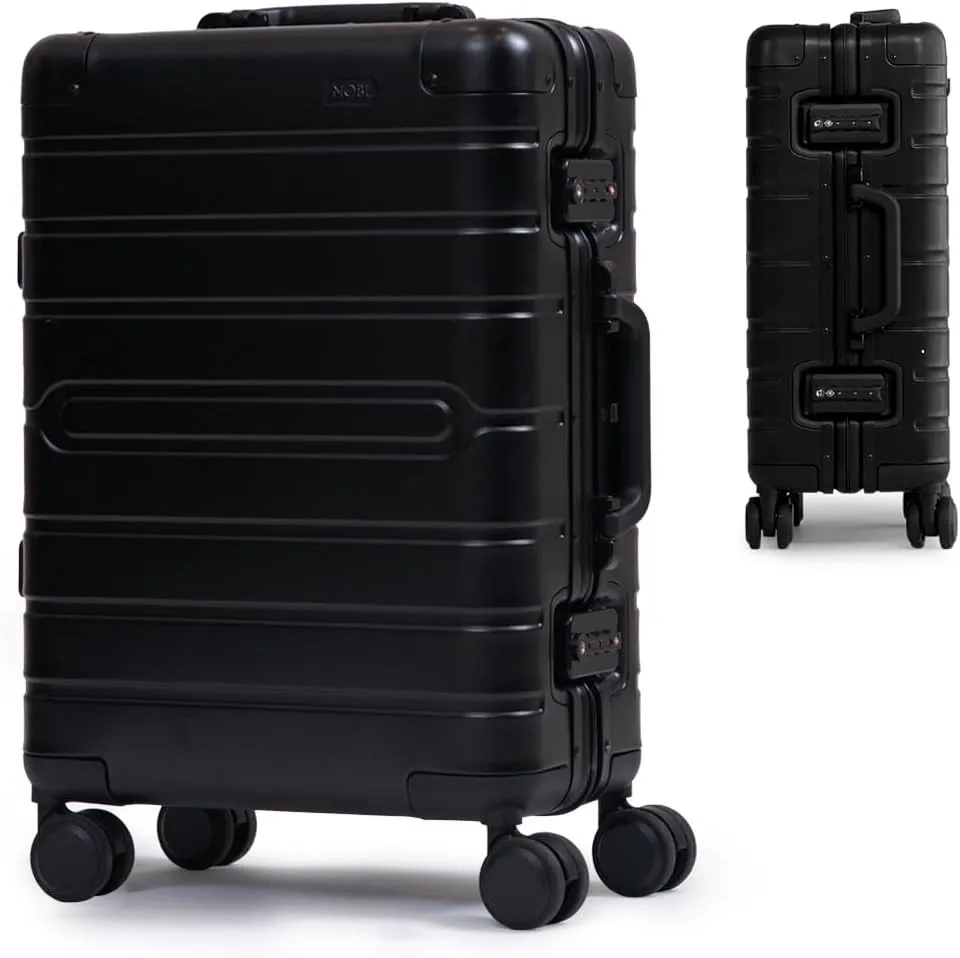 Nobl Travel Carry On Luggage, Noble Zipperless Aluminum Suitcase, 24x16.3x11 Airline Approved, Aluminum Metal Hardside Shell & Frame, 360° Spinner Wheels, Dual TSA Locks, Interior Compression – Black