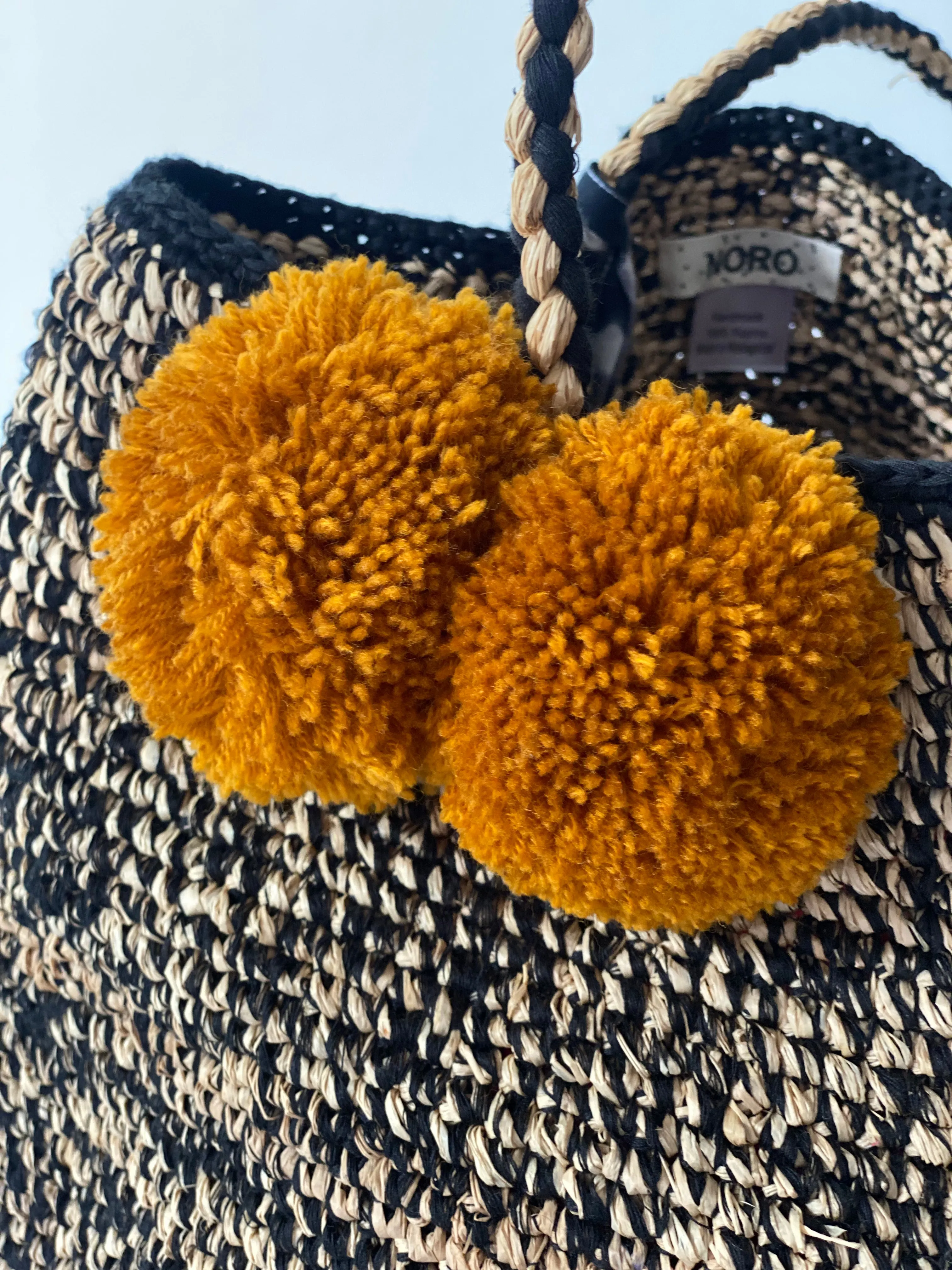Noro Raphia Bag L (Mustard/Navy Pom Pom)