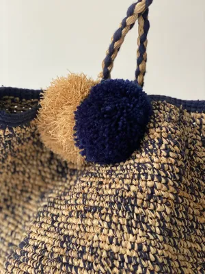Noro Raphia Bag XL (Beige/Navy Pom Pom)