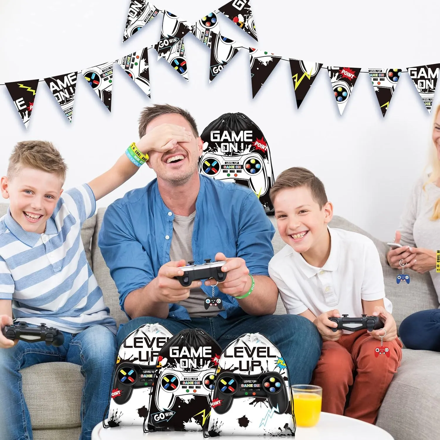 Nosiny 72 PCS Video Game Party Favors Birthday Include 24 Video Game Goodie Drawstring Bags 24 Silicone Bracelet 24 Controller Keychain for Kids for Party Supplies(Black, White,Cute)