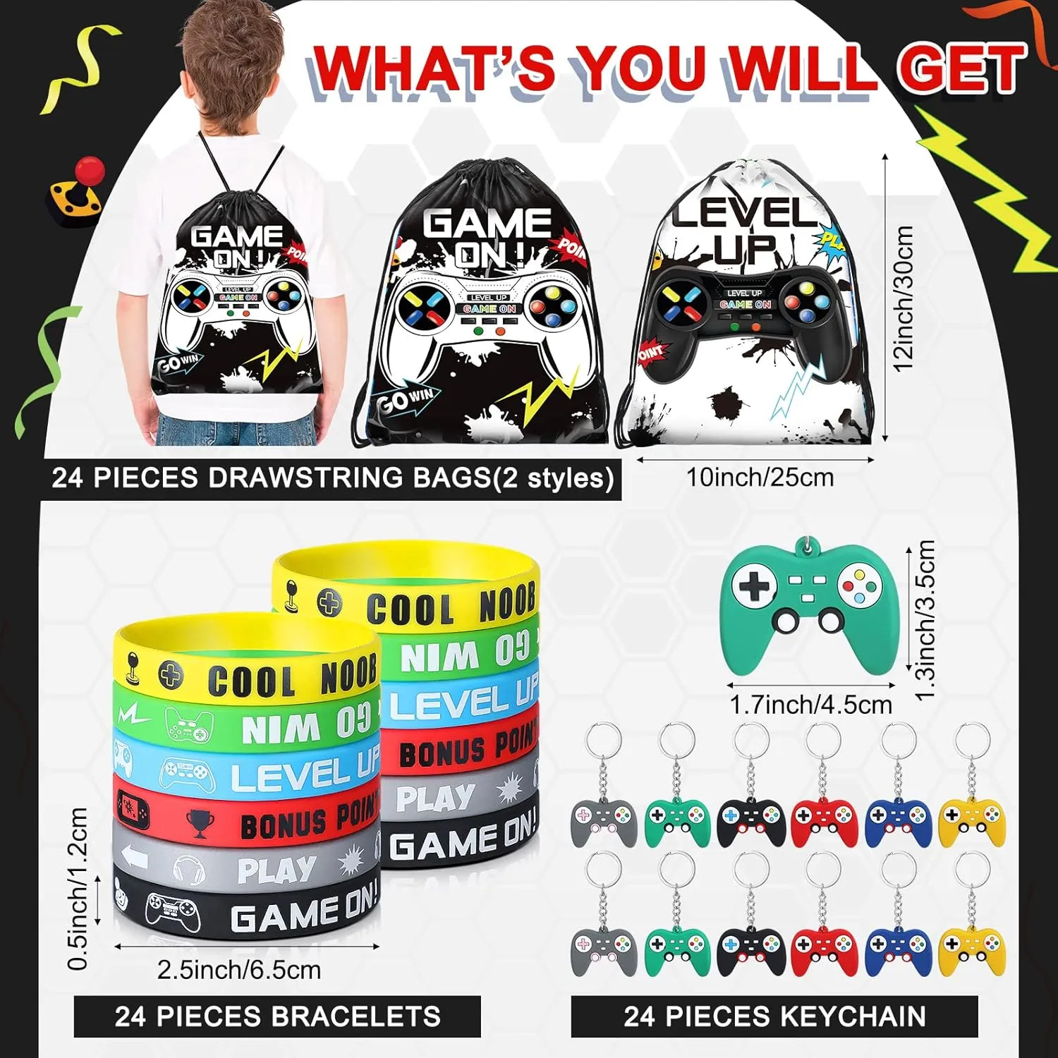 Nosiny 72 PCS Video Game Party Favors Birthday Include 24 Video Game Goodie Drawstring Bags 24 Silicone Bracelet 24 Controller Keychain for Kids for Party Supplies(Black, White,Cute)
