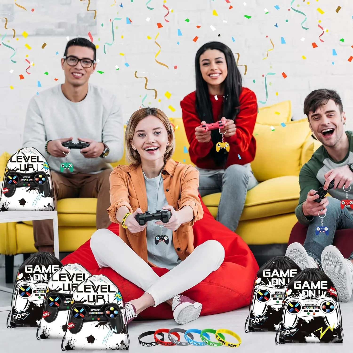 Nosiny 72 PCS Video Game Party Favors Birthday Include 24 Video Game Goodie Drawstring Bags 24 Silicone Bracelet 24 Controller Keychain for Kids for Party Supplies(Black, White,Cute)