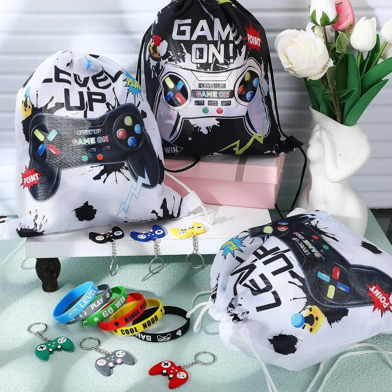Nosiny 72 PCS Video Game Party Favors Birthday Include 24 Video Game Goodie Drawstring Bags 24 Silicone Bracelet 24 Controller Keychain for Kids for Party Supplies(Black, White,Cute)