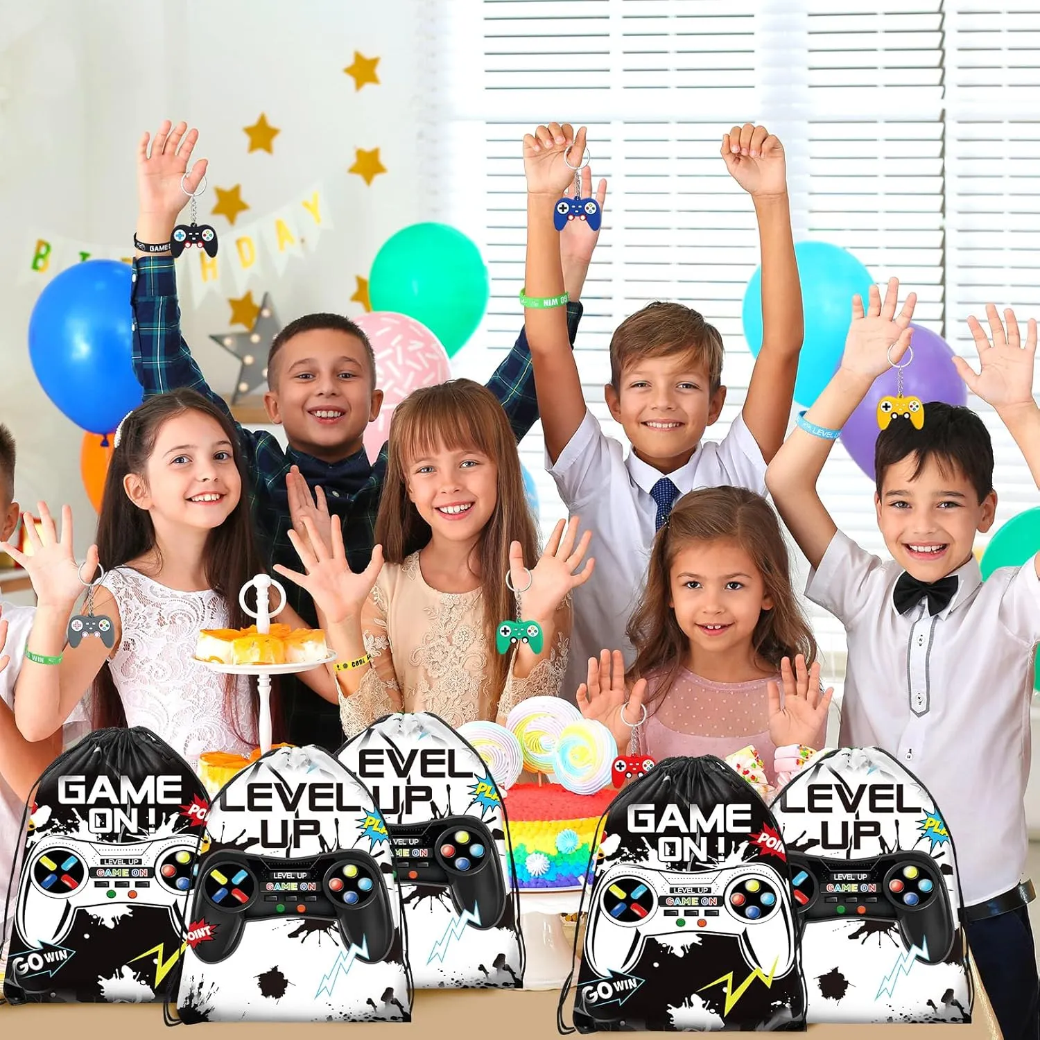 Nosiny 72 PCS Video Game Party Favors Birthday Include 24 Video Game Goodie Drawstring Bags 24 Silicone Bracelet 24 Controller Keychain for Kids for Party Supplies(Black, White,Cute)