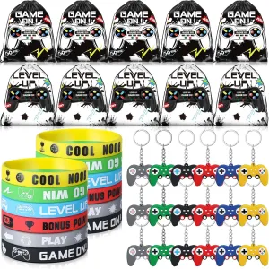 Nosiny 72 PCS Video Game Party Favors Birthday Include 24 Video Game Goodie Drawstring Bags 24 Silicone Bracelet 24 Controller Keychain for Kids for Party Supplies(Black, White,Cute)