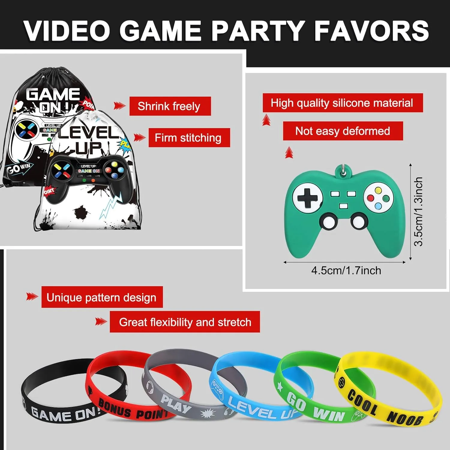 Nosiny 72 PCS Video Game Party Favors Birthday Include 24 Video Game Goodie Drawstring Bags 24 Silicone Bracelet 24 Controller Keychain for Kids for Party Supplies(Black, White,Cute)