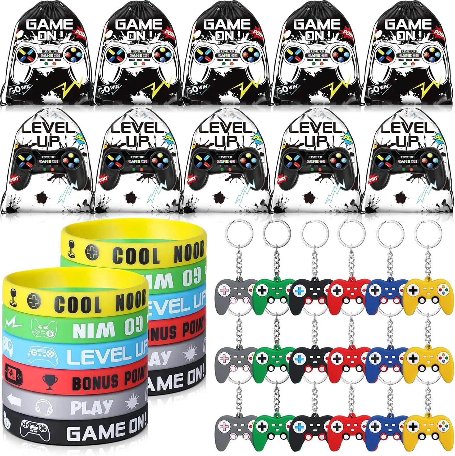 Nosiny 72 PCS Video Game Party Favors Birthday Include 24 Video Game Goodie Drawstring Bags 24 Silicone Bracelet 24 Controller Keychain for Kids for Party Supplies(Black, White,Cute)
