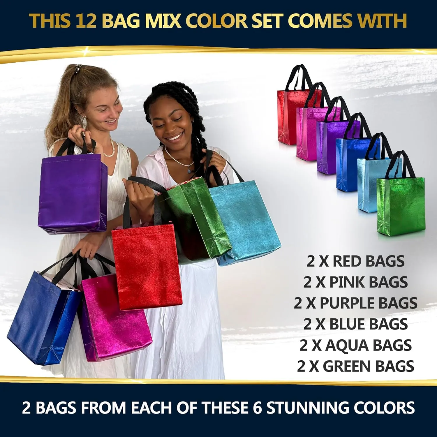 Nush Nush Mix Color Gift Bags Medium Size – 12 Reusable Gift Bags With Handles From Six Different Stunning - Perfect As Goodie Bags, Birthday Gift Bags, Party Favor– 8W x 4L x10H Size