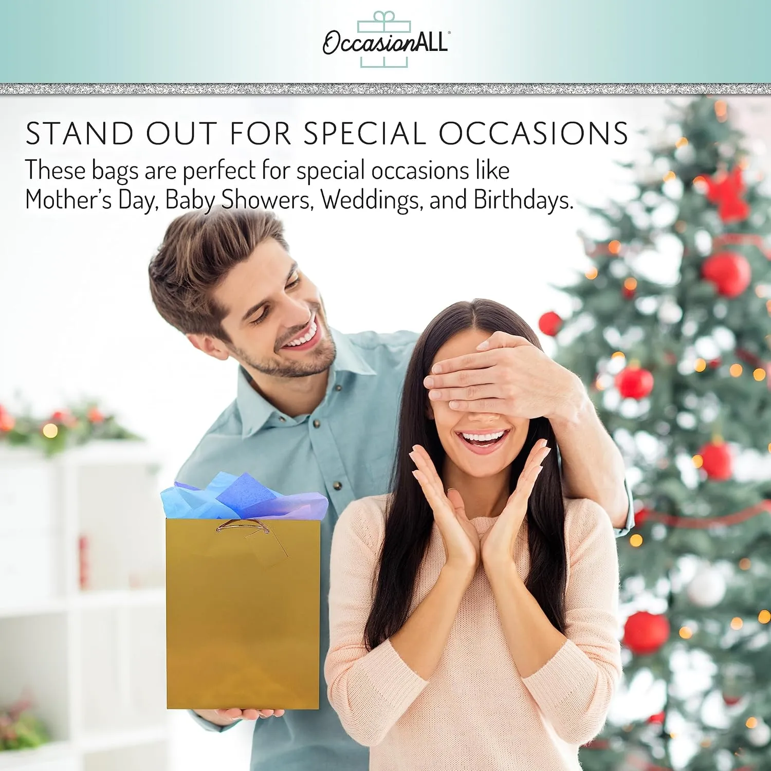 OccasionALL Large Gift Bags with Handles, Gold Metallic Christmas Wrap, Holidays, Birthdays, Valentines, Party Favors, Shopping, Bulk, 10x5x13 12 Pack