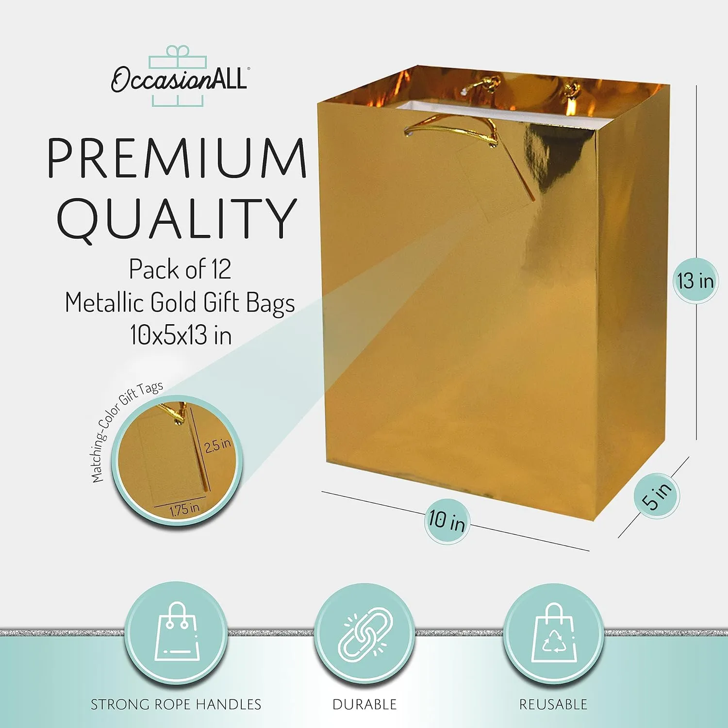 OccasionALL Large Gift Bags with Handles, Gold Metallic Christmas Wrap, Holidays, Birthdays, Valentines, Party Favors, Shopping, Bulk, 10x5x13 12 Pack