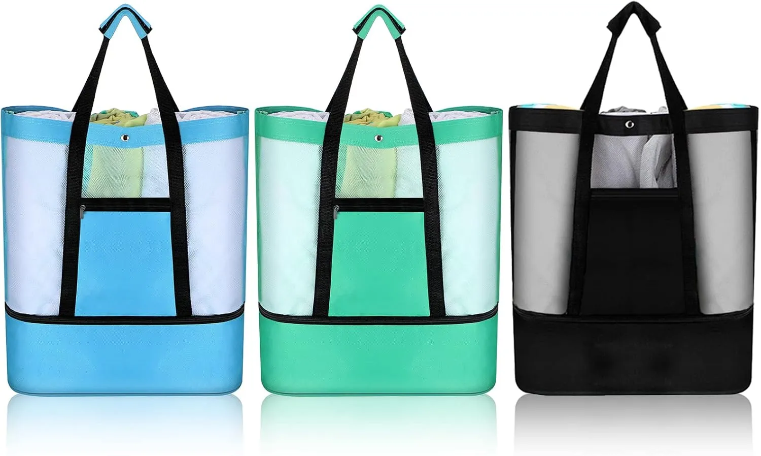 Oudain 3 Pcs Beach Bag with Cooler Mesh Beach Tote with Insulated Cooler and Pocket Waterproof Sandproof Beach Tote Bag Swim Pool Bag for Women Summer (Black, Blue and Green)