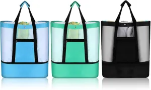 Oudain 3 Pcs Beach Bag with Cooler Mesh Beach Tote with Insulated Cooler and Pocket Waterproof Sandproof Beach Tote Bag Swim Pool Bag for Women Summer (Black, Blue and Green)