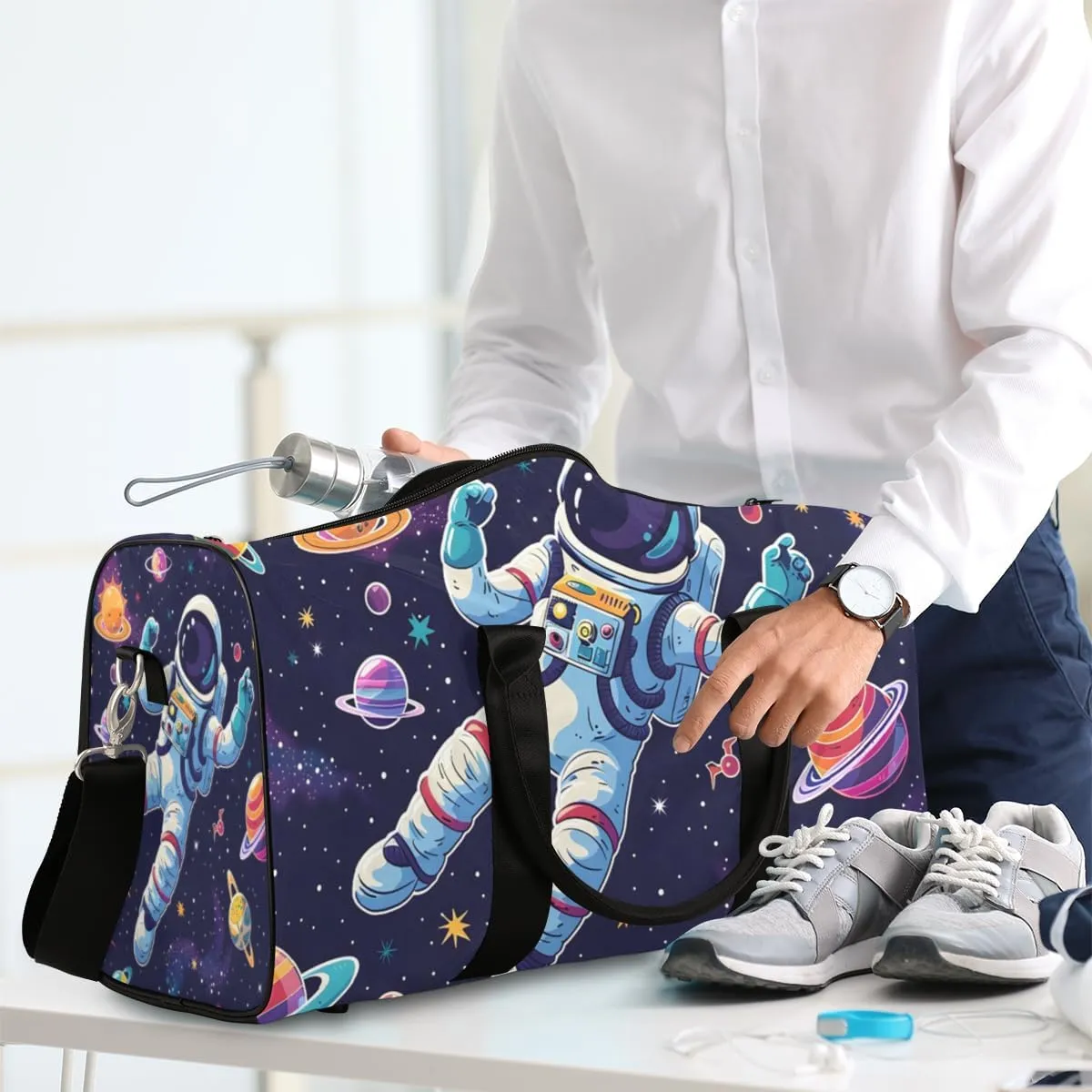 Outer Space Astronaut Travel Duffle Bag for Women Men Gym Duffel Foldable Bag Waterproof Weekender Colorful Universe Duffle Tote