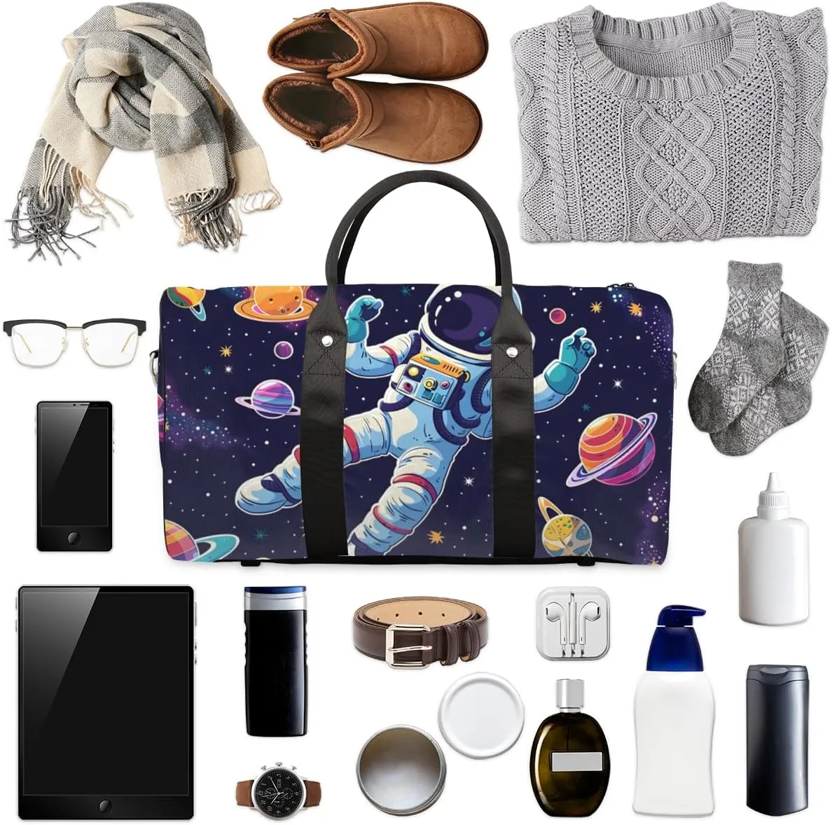 Outer Space Astronaut Travel Duffle Bag for Women Men Gym Duffel Foldable Bag Waterproof Weekender Colorful Universe Duffle Tote