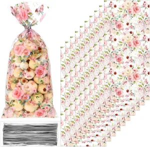 Outus 100 Pieces Party Cellophane Treat Bag Floral Candy Bags for Baby Shower Wedding Bridal Shower Supplies Favors Decorations Birthday Theme Floral Graduation Decor (Flowers)