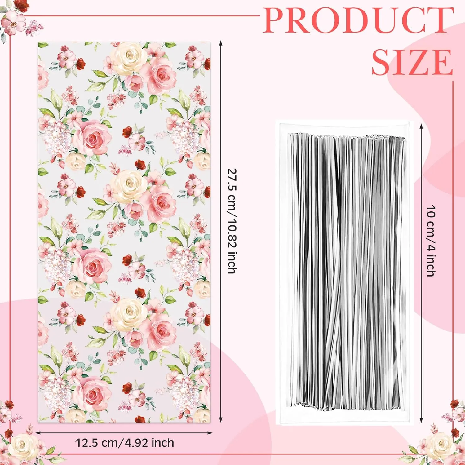 Outus 100 Pieces Party Cellophane Treat Bag Floral Candy Bags for Baby Shower Wedding Bridal Shower Supplies Favors Decorations Birthday Theme Floral Graduation Decor (Flowers)