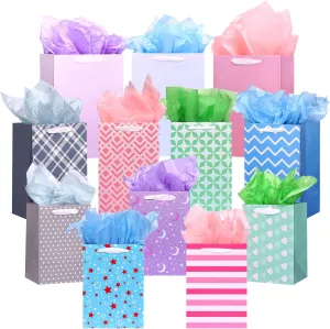 OUTUXED 12pcs Paper Gift Bags with Tissue Assorted Sizes Birthday Gift Bags with Different Designs Bulk (5 Medium 9.8", 4 Large 11.8", 3 Extra Large 13.8") for Birthday, Baby Showers, Party, Wedding