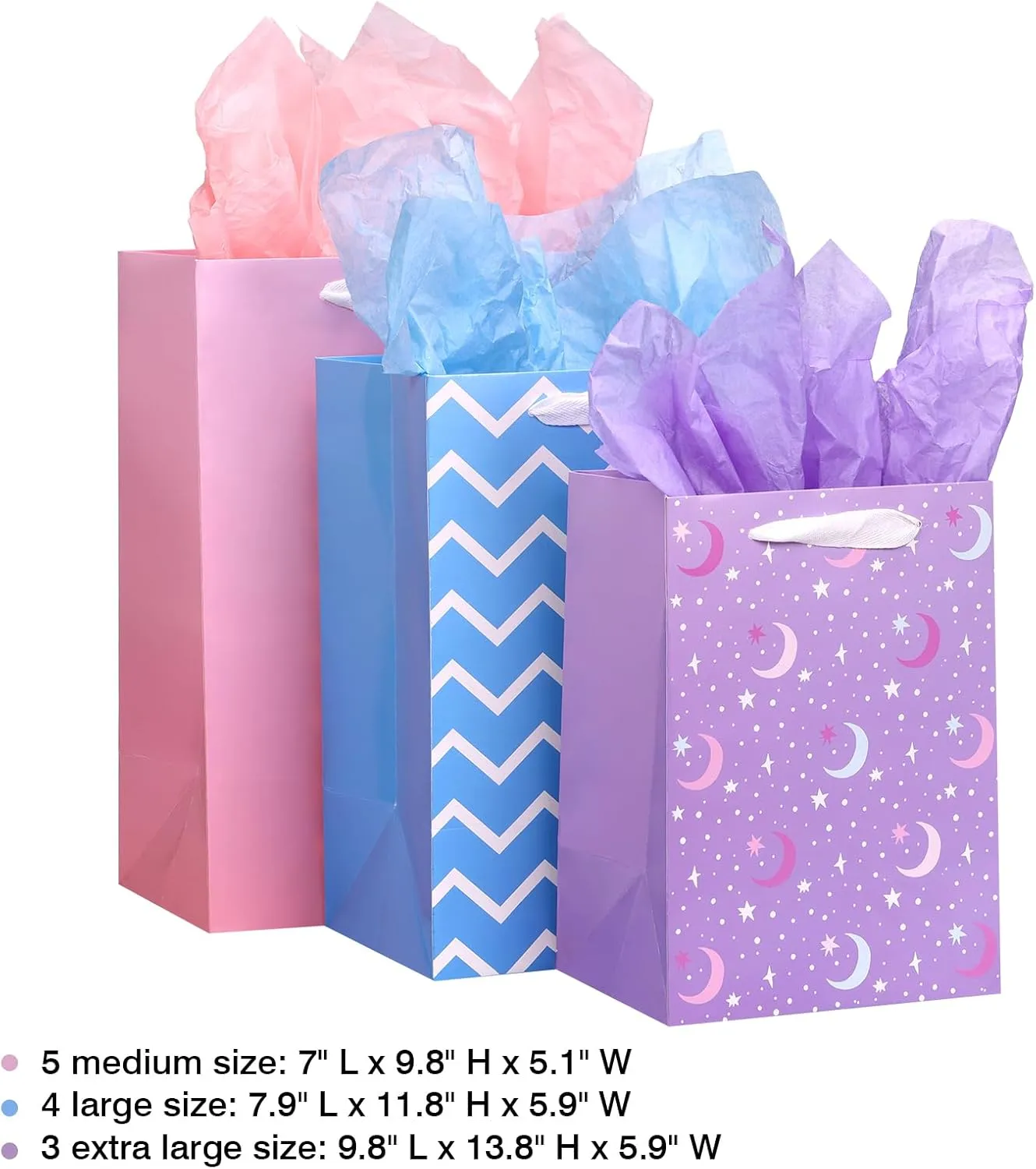 OUTUXED 12pcs Paper Gift Bags with Tissue Assorted Sizes Birthday Gift Bags with Different Designs Bulk (5 Medium 9.8", 4 Large 11.8", 3 Extra Large 13.8") for Birthday, Baby Showers, Party, Wedding