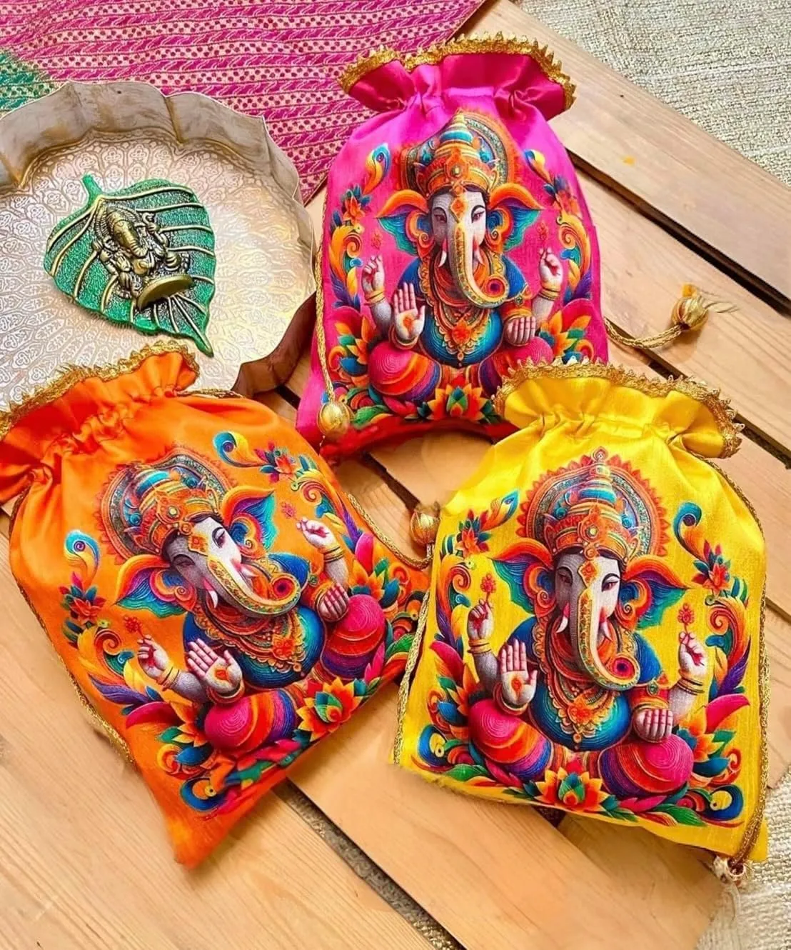 Pack of 15 Ganesha Pichwai Potli Bags, Indian Traditional Reusable Bags Bulk, Indian Return Gifts, Pooja Favors, Indian Wedding Sangeet Bridal Shower Return Gifting Potli Bags, Diwali Gift Pouch