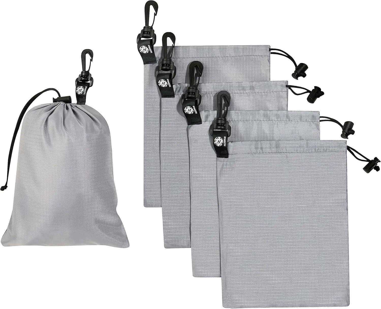 PALTERWEAR Drawstring Bag - Cinch and Ditty Pouch with Clip for Travel, Wardrobe, Outdoors - Set of 5 (Gray, 7 x 9 inch)