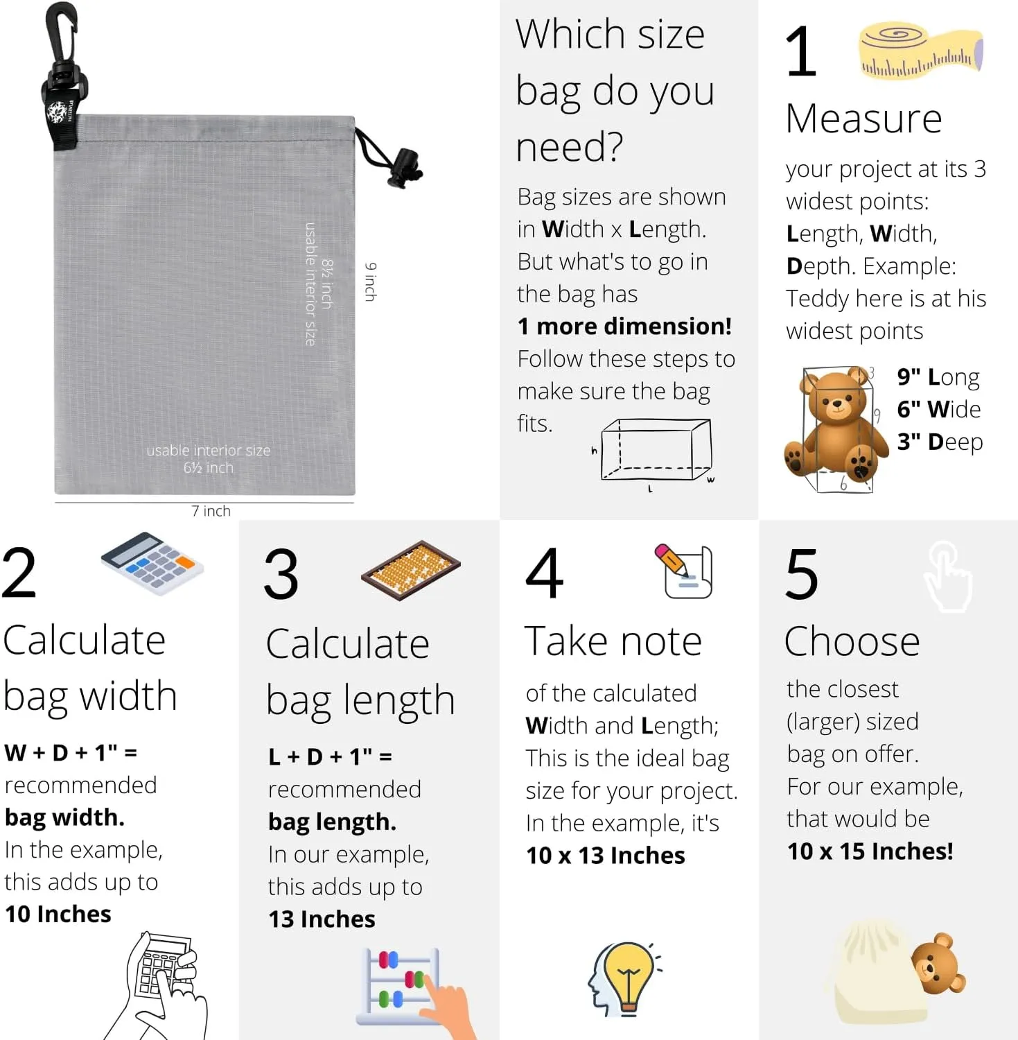 PALTERWEAR Drawstring Bag - Cinch and Ditty Pouch with Clip for Travel, Wardrobe, Outdoors - Set of 5 (Gray, 7 x 9 inch)